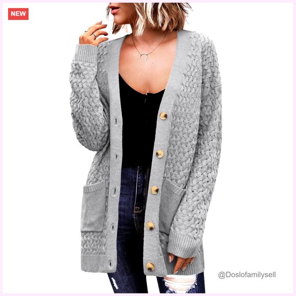 Long Sleeve Cable Knit Cardigan with Pockets Open Front Acrylic